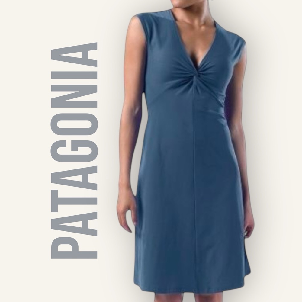 Patagonia Bandha Dress Womens Medium Blue Front Twist Fit & Flare Jersey Stretch